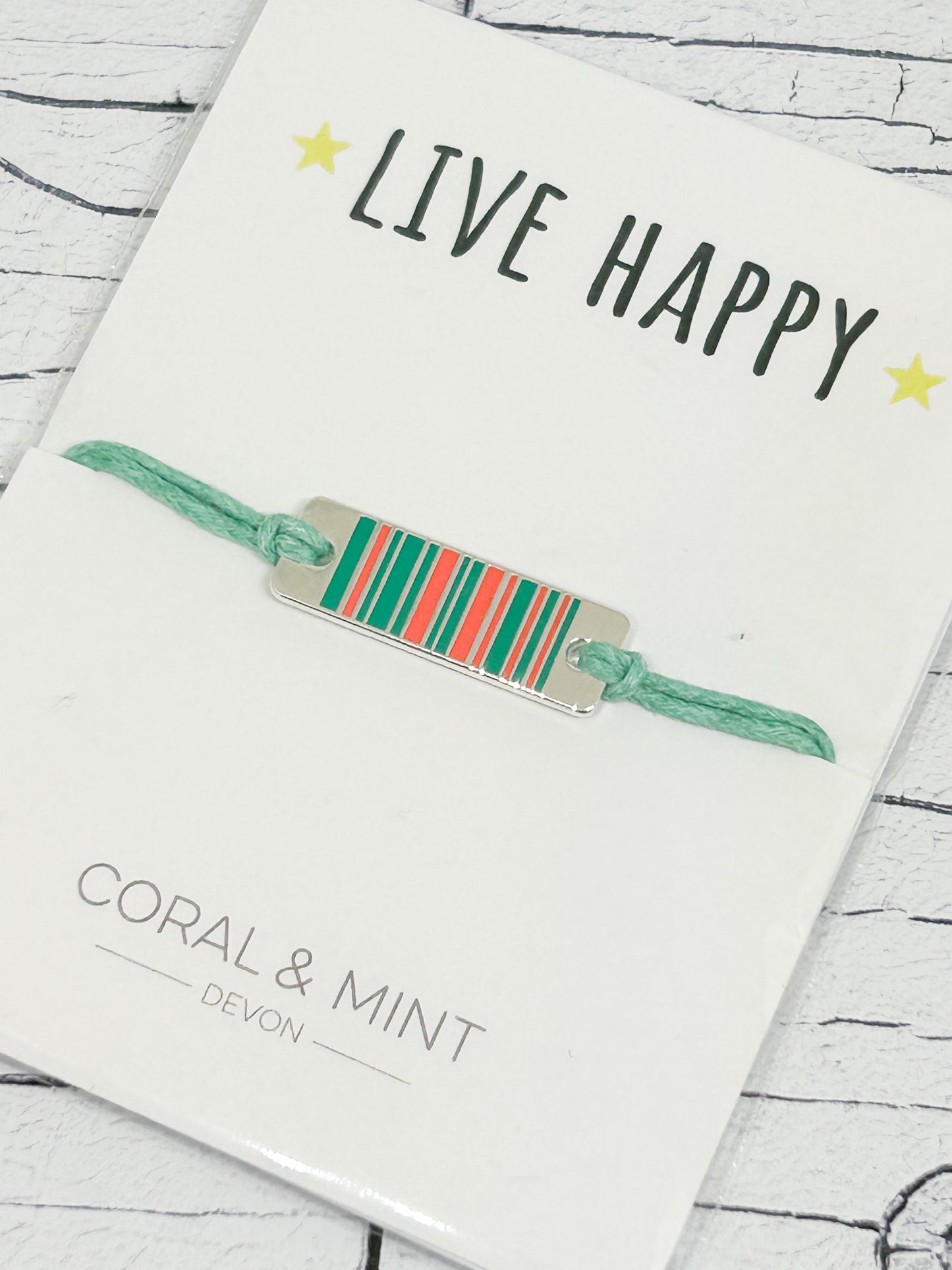 'Live Happy!' Mint and Coral String Bracelet.