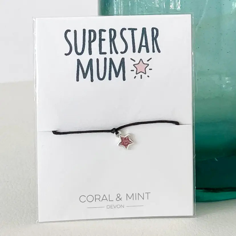 'Superstar Mum' Pink Glitter Star Sentiment Charm Bracelet.
