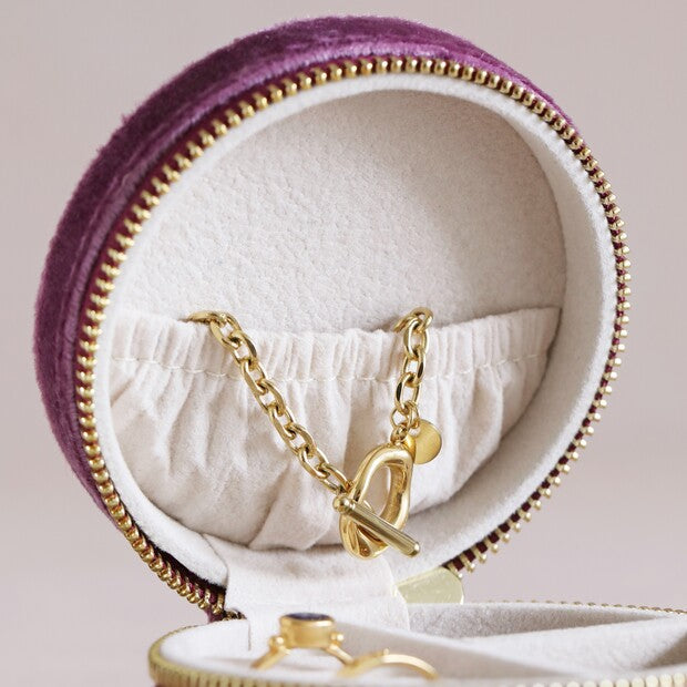 Mauve Pink Velvet Round Travel Jewellery Case