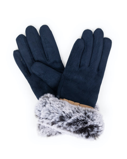 Powder Penelope Navy Faux Suede Gloves with Fur and Leather Bow - Eve & Flamingo