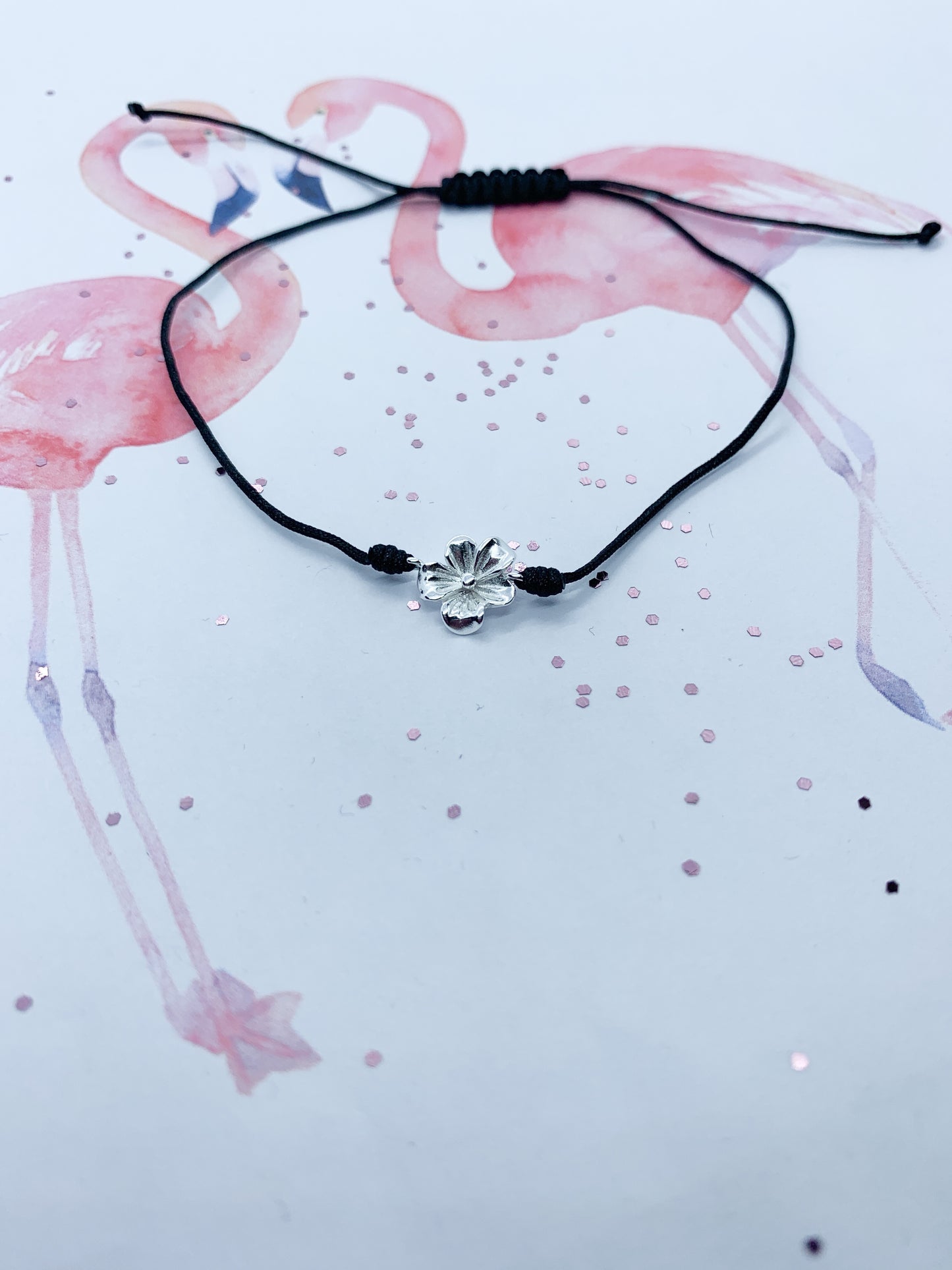 Nylon cord adjustable bracelet with Sterling Silver flower charm - Eve & Flamingo